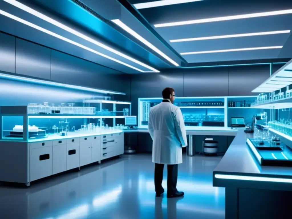 Un laboratorio futurista donde científicos trabajan en bioingeniería de especies, mostrando tecnología avanzada y dilemas éticos