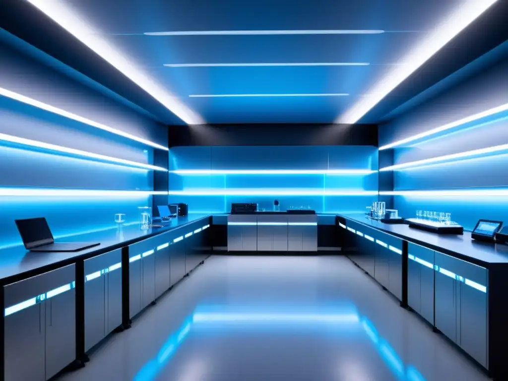 Un laboratorio futurista de bioingeniería en el deporte, con científicos en equipo de alta tecnología, iluminado con un suave resplandor azul