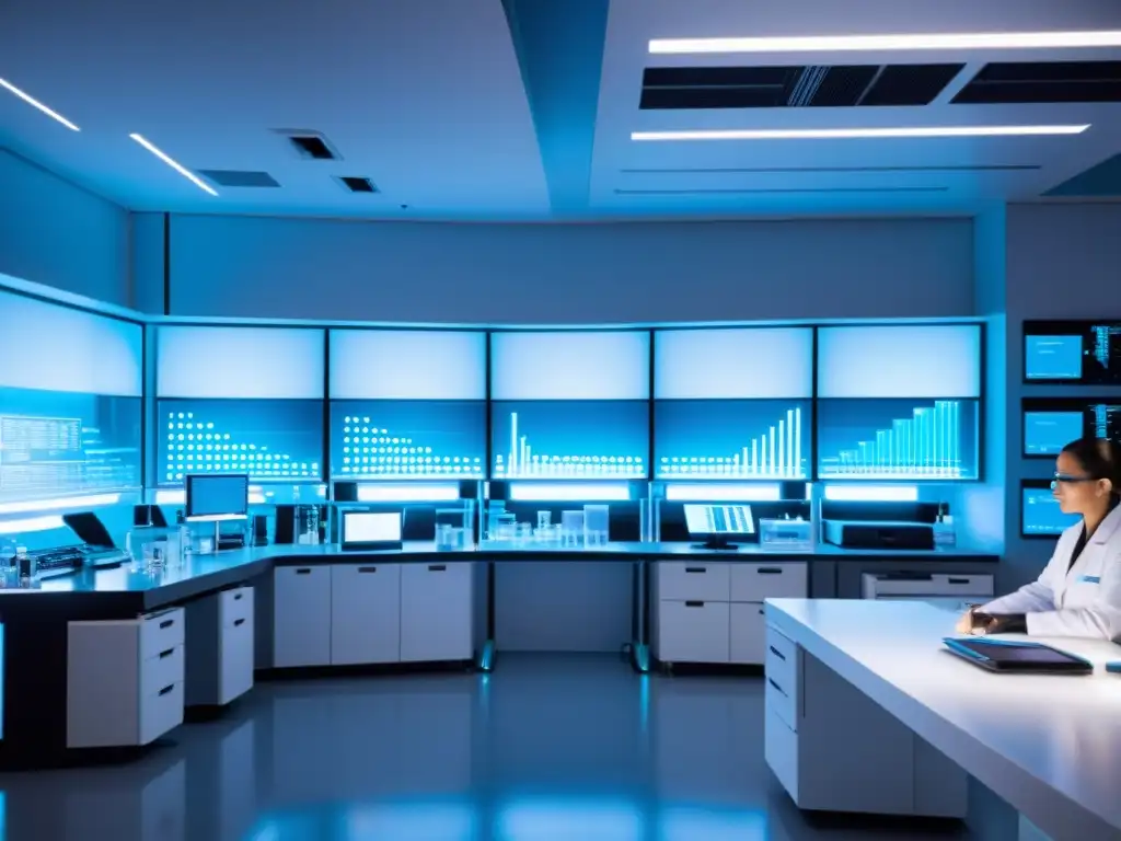 Laboratorio biotecnológico futurista: innovación y precisión Un laboratorio futurista con equipamiento biotecnológico y máquinas de secuenciación genómica, bañado en una suave luz azul y blanca