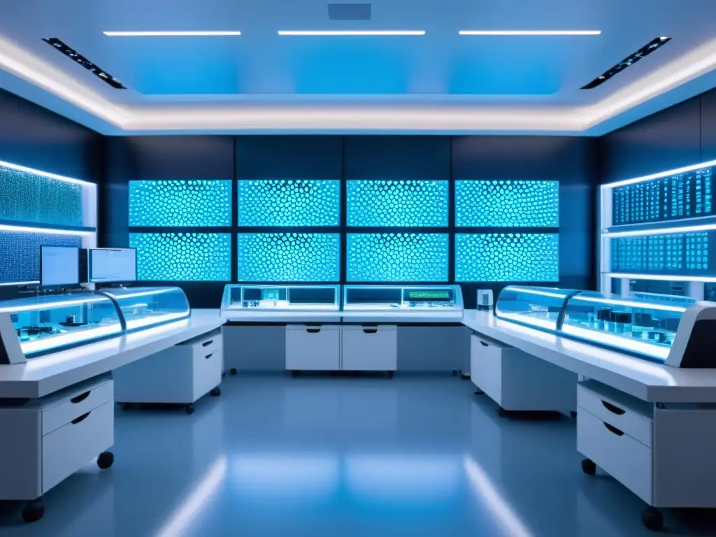 Un laboratorio futurista lleno de científicos trabajando en nanocápsulas, con un diseño moderno y tecnológico