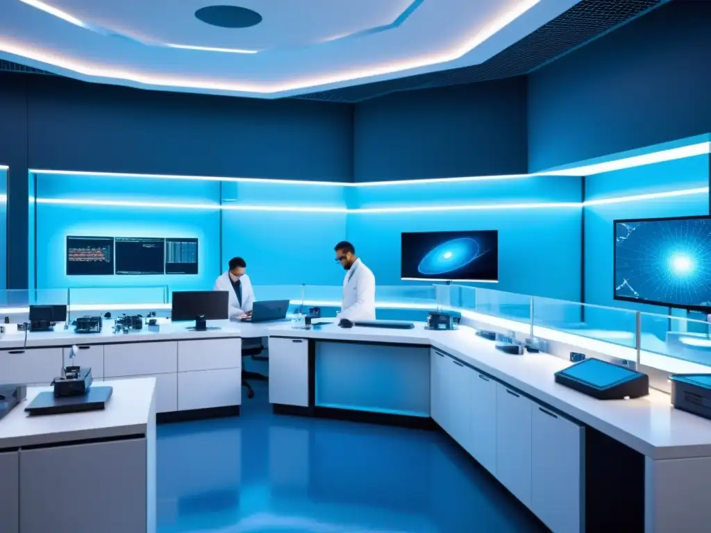 Nanotecnología de vanguardia: laboratorio futurista en 8K Un laboratorio futurista lleno de equipos de nanotecnología avanzada, científicos en batas blancas trabajando en nanoestructuras
