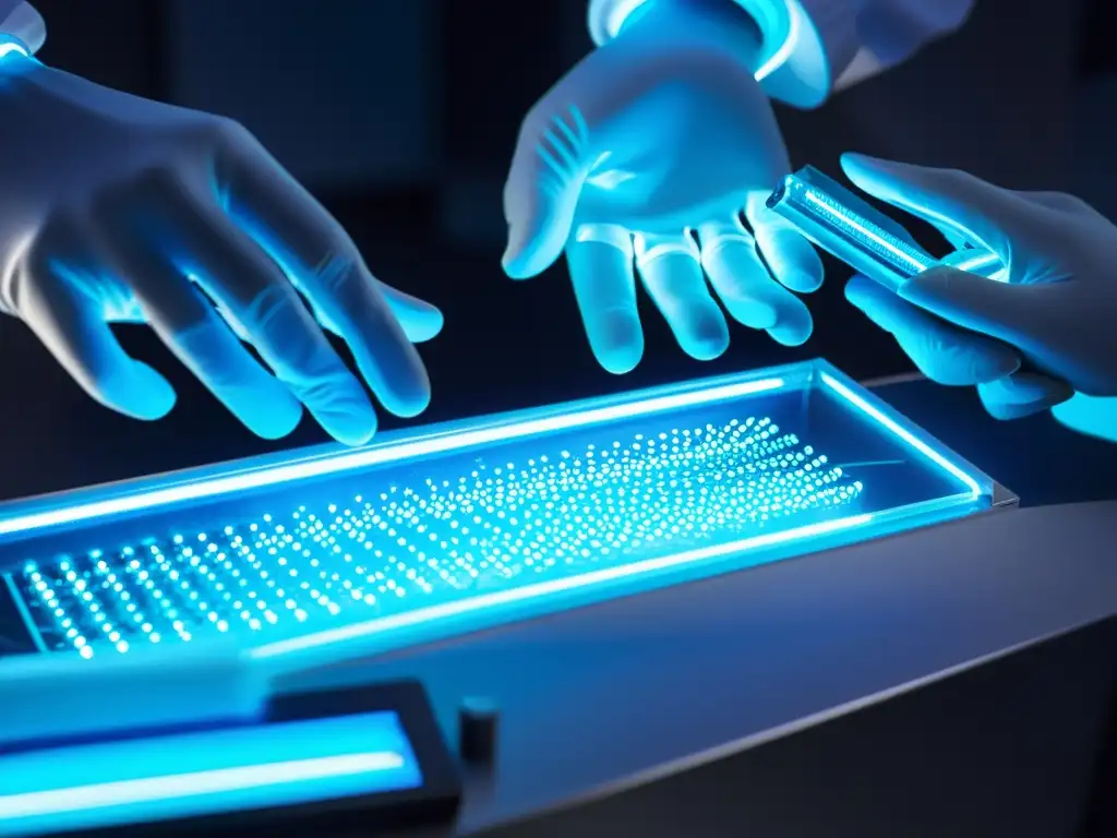 Edición de ADN: precisión futurista en laboratorio Un laboratorio futurista con manos usando herramientas de precisión para editar ADN, resaltando la complejidad y la ética en la edición genética