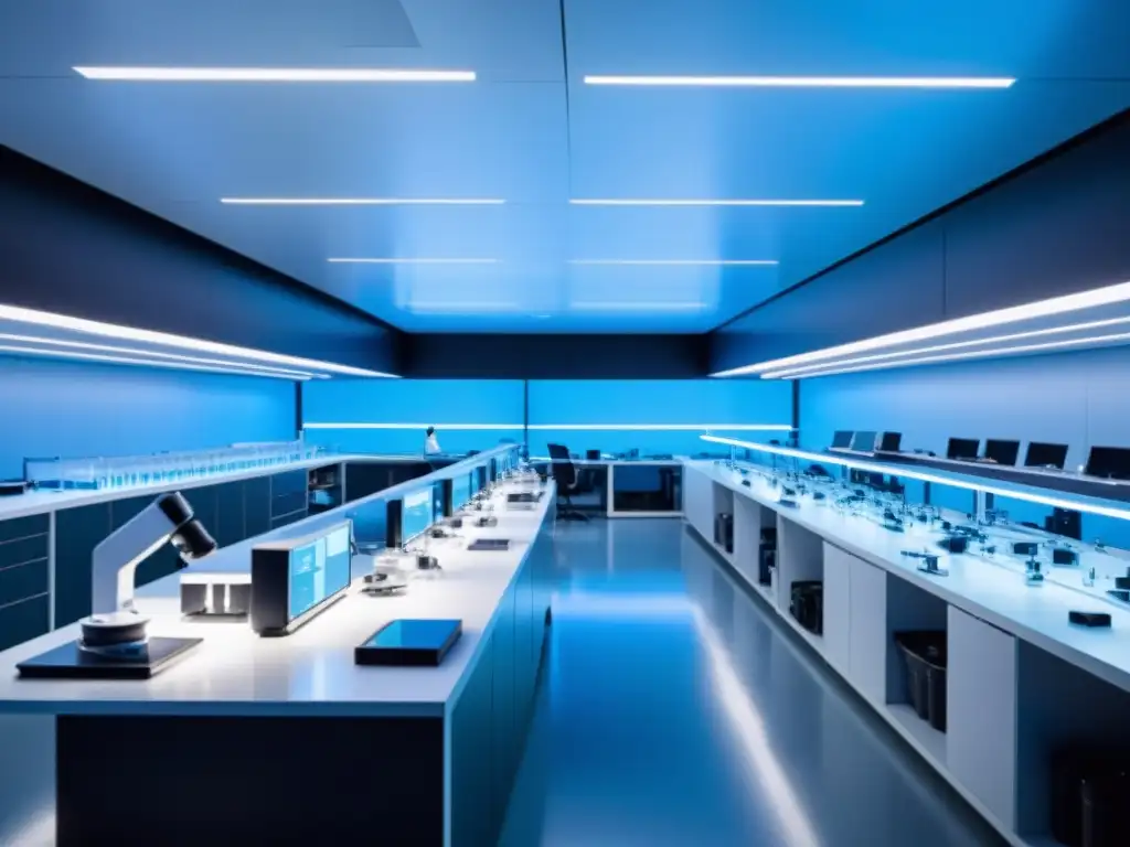 Un laboratorio futurista de nanotecnología con científicos y nanomáquinas tecnología emergente, iluminado en azul suave