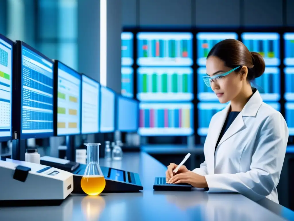 Expertos en Nutrigenómica: Análisis Personalizado Un laboratorio moderno con científicos analizando datos genéticos y nutricionales, simbolizando la personalización de dietas con genómica nutricional