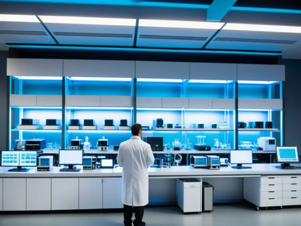 Un laboratorio de nanotecnología con científicos en batas blancas trabajando en prototipos de baterías futuristas bajo una brillante iluminación LED