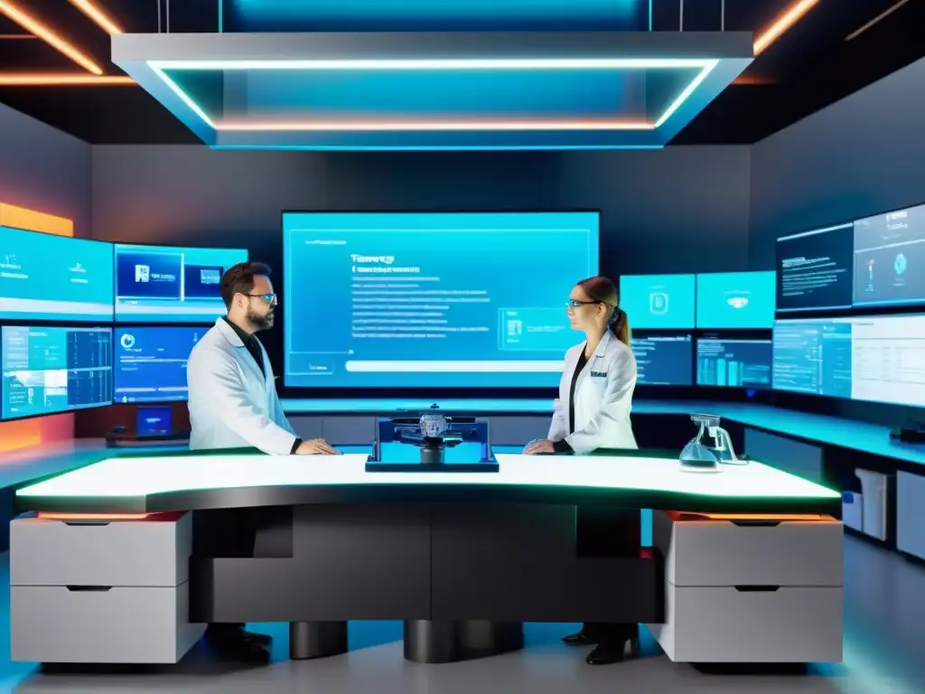 Lab virtual: investigación futurista en acción Un laboratorio virtual de alta tecnología con investigadores colaborando en experimentos