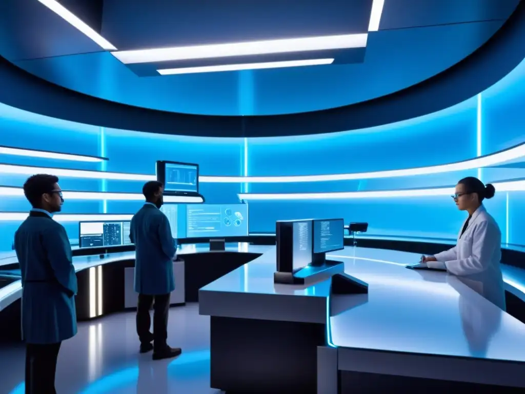 Laboratorio virtual del futuro: innovación científica Un laboratorio virtual futurista con tecnología avanzada y científicos trabajando en experimentos, reflejando el valor de los laboratorios virtuales