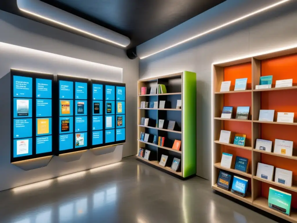 Una librería futurista con tecnologías emergentes en la industria editorial: kioscos de recomendación de libros AI y diseño minimalista en luz natural