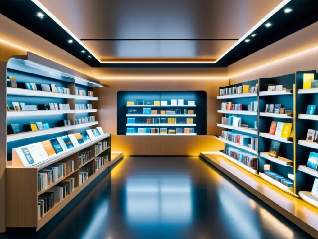 Librería moderna con diseño futurista, tecnologías emergentes en la industria editorial, ambiente luminoso y acogedor