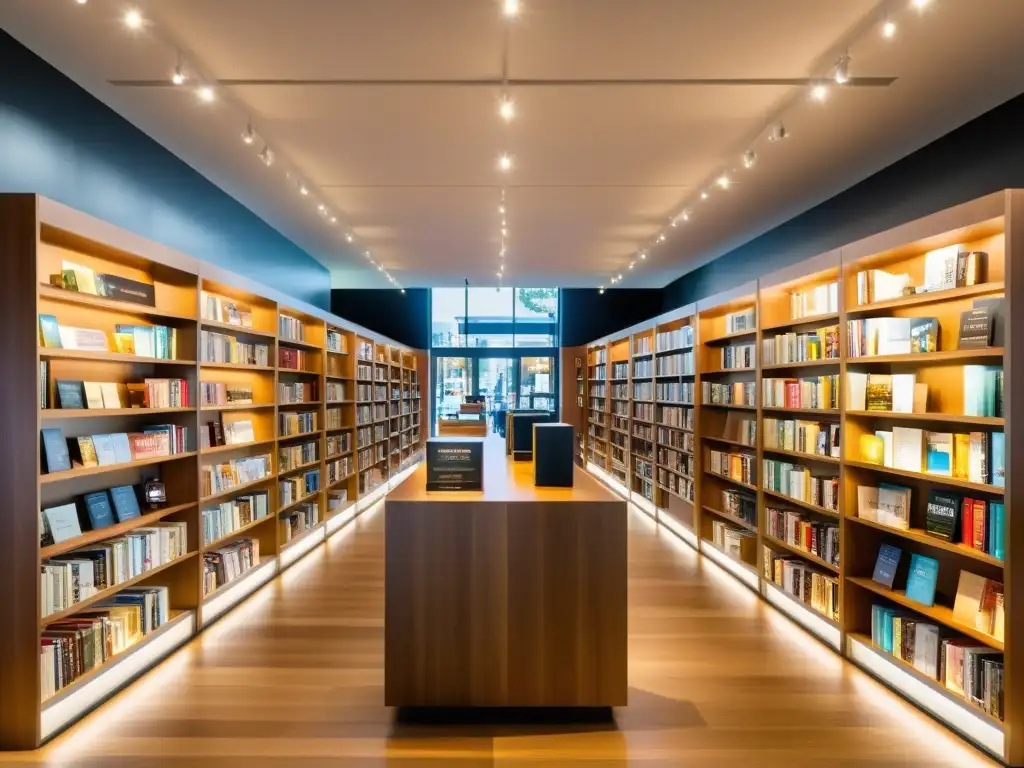 Librería moderna con diseño interior minimalista y tecnologías emergentes en la industria editorial