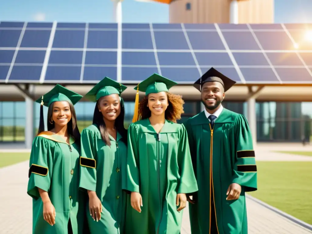 Graduación de líderes verdes en educación energía sostenible frente a universidad futurista con paneles solares y turbinas eólicas