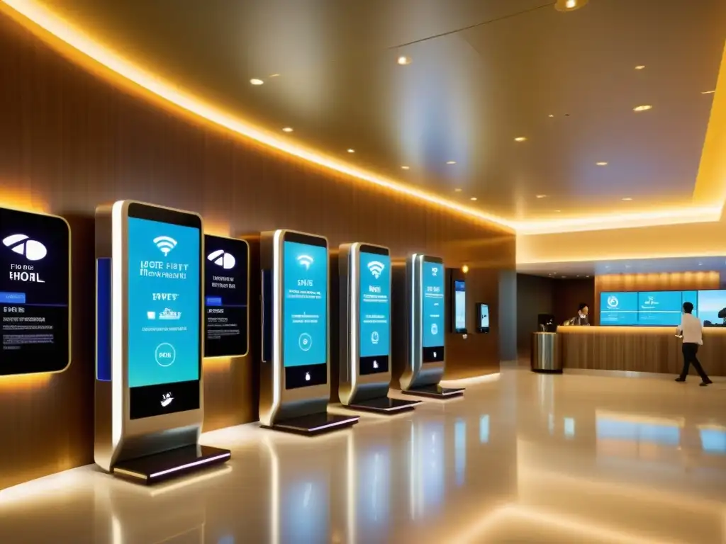 Un lobby de hotel moderno con dispositivos IoT integrados, creando una experiencia de viaje personalizada