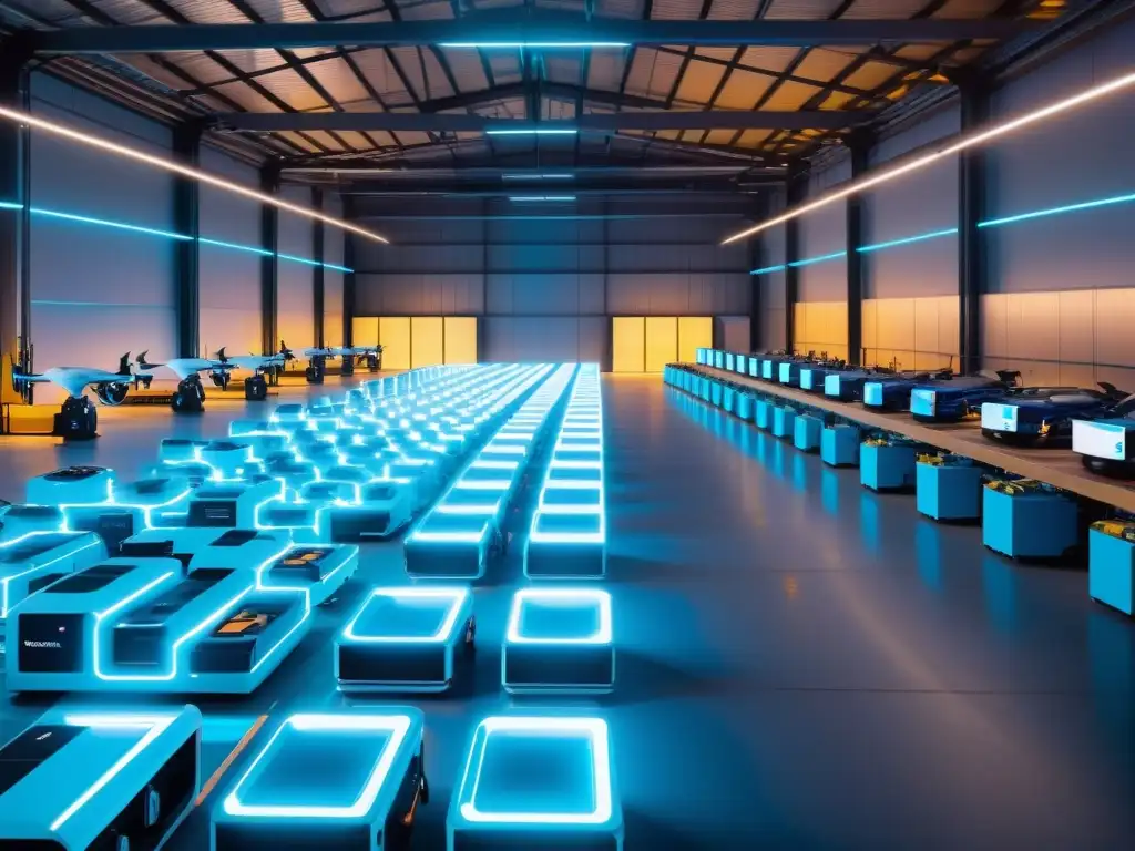 Almacén del futuro: Drones y robots autónomos optimizando logística Transformación logística 5G en tiempo real: Almacén futurista con drones y robots autónomos coordinando procesos logísticos en una suave luz azul