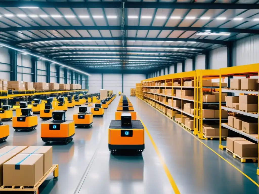 Almacén 5G: Eficiencia y tecnología en tiempo real Transformación logística 5G en tiempo real: Almacén moderno con brazos robóticos y cintas transportadoras, eficiencia e innovación en acción