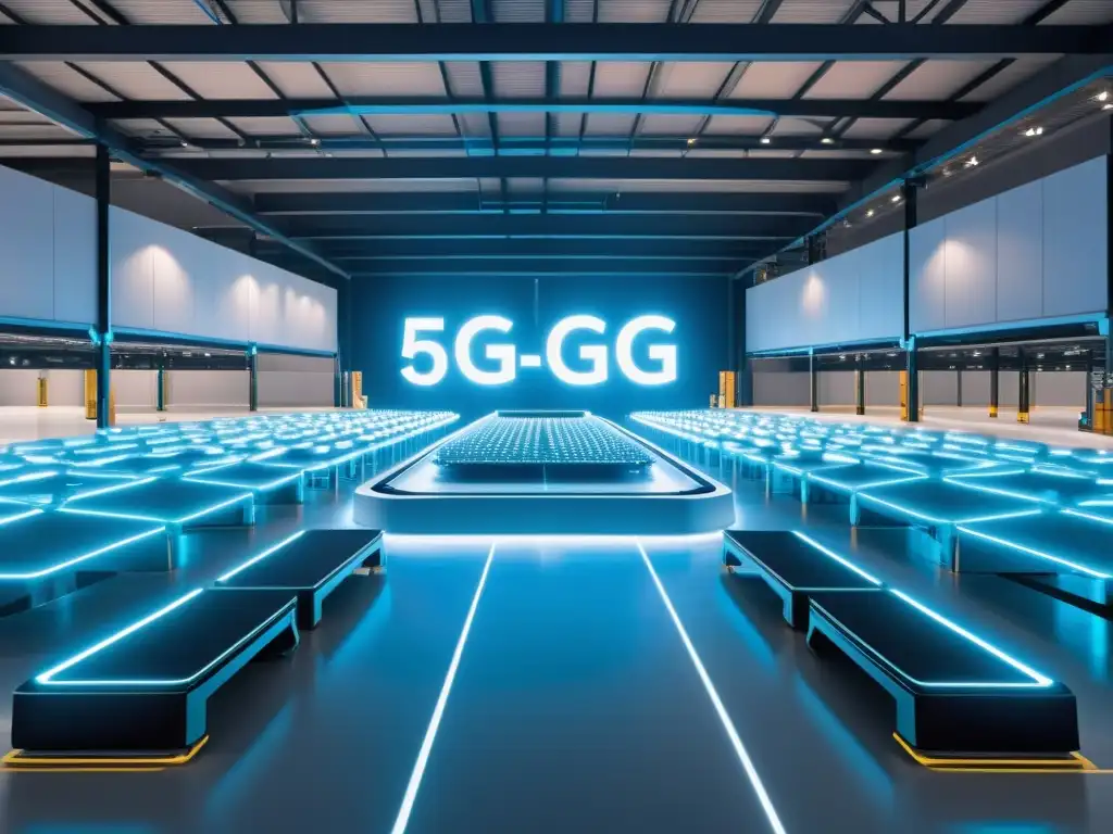 Almacén futurista con robótica avanzada y 5G Transformación logística 5G en tiempo real: almacén futurista con brazos robóticos y vehículos automatizados, iluminado con un suave resplandor azul