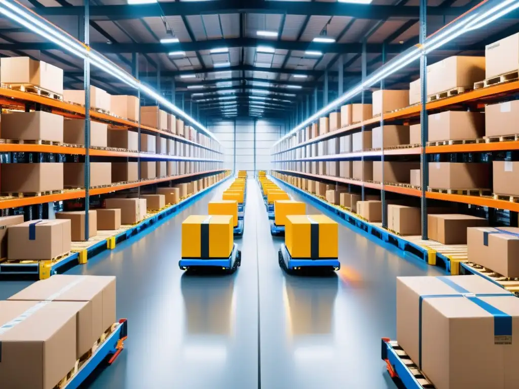 Almacén 5G: Automatización y Tecnología de Vanguardia Transformación logística 5G en tiempo real: Almacén moderno y dinámico con brazos robóticos, sensores y luces futuristas
