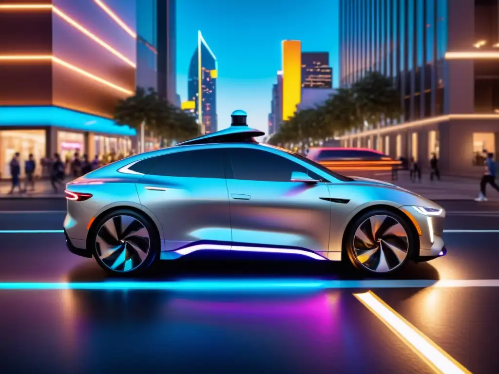 Conducción autónoma y logística inteligente: Futurista auto autónomo en la ciudad nocturna, con luces de neón vibrantes reflejándose en su pulido exterior