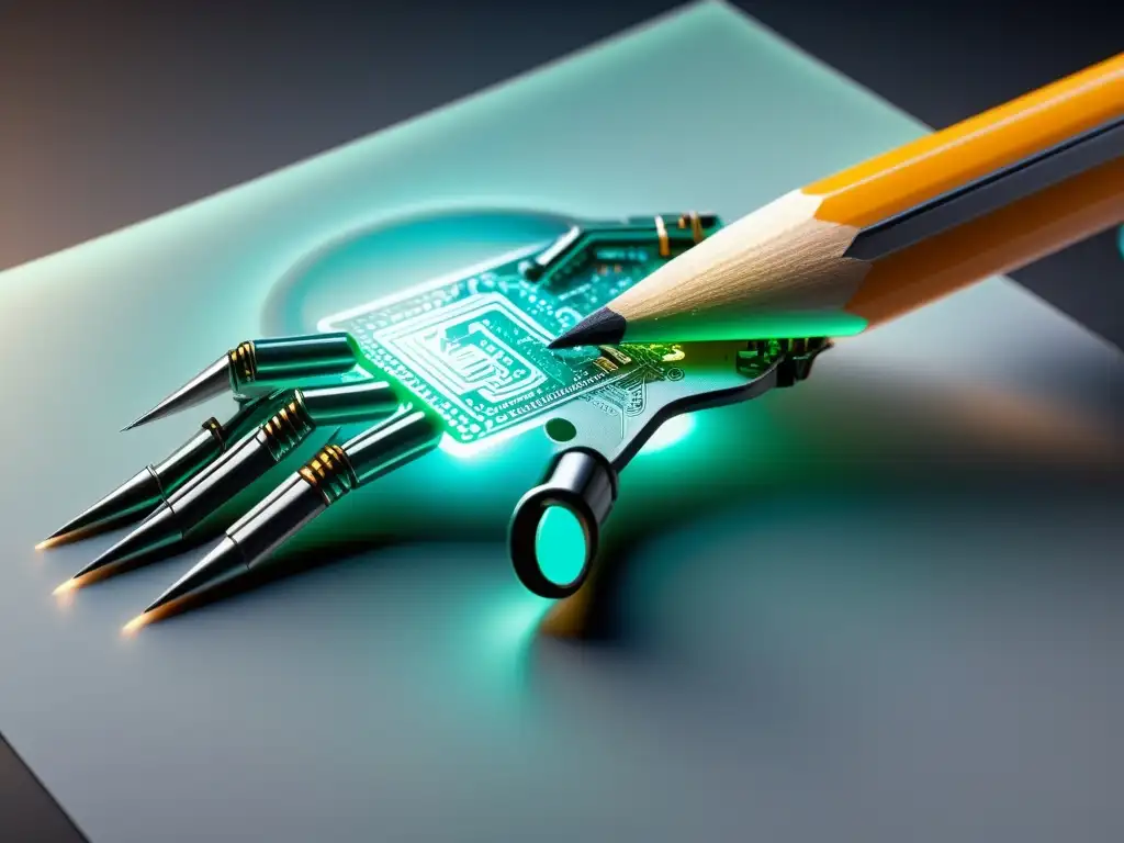 Una mano robot futurista sostiene un lápiz sobre papel en blanco, fusionando creatividad tradicional con influencia de inteligencia artificial