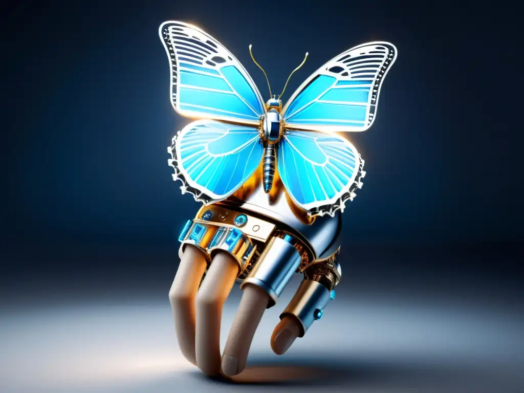 Mano robótica futurista sujeta una mariposa, simbolizando la ética, inteligencia artificial y la tecnología emergente