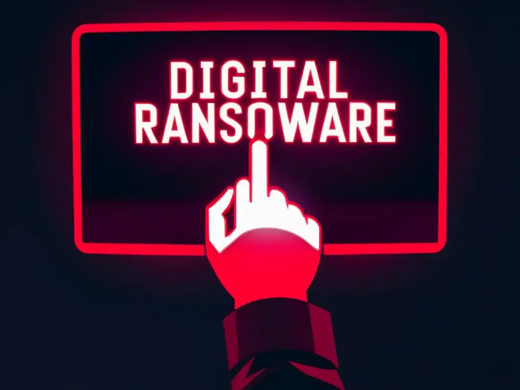 Mano de hacker sostiene dispositivo con mensaje de ransomware amenazante