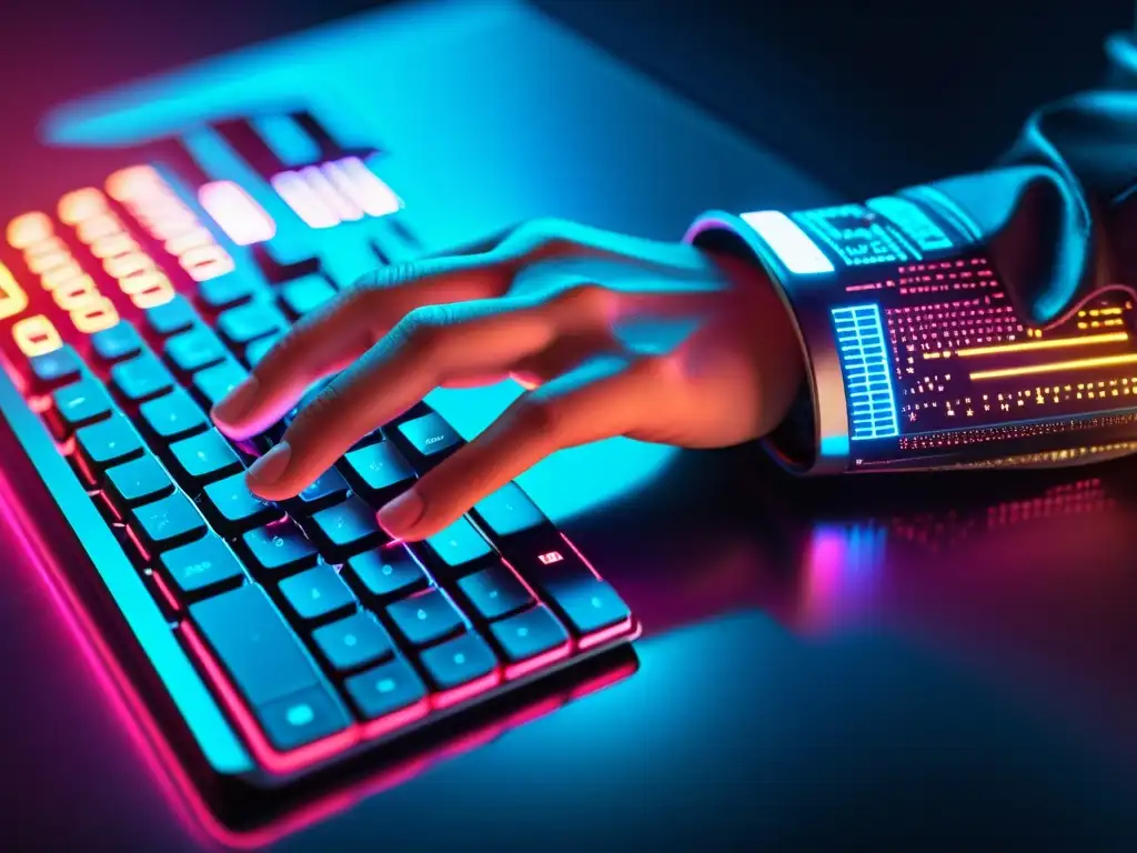 Mano de hacker tecleando en un teclado futurista, con líneas de código reflejadas en su rostro, creando una atmósfera ciberpunk