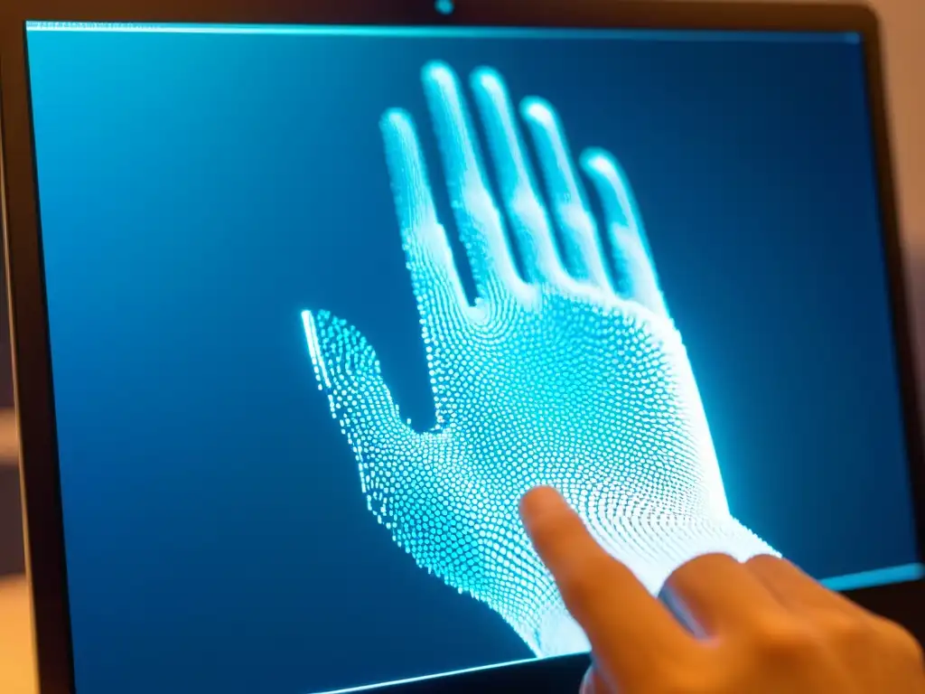 Mano borrando huella digital en pantalla, rodeada de datos holográficos futuristas