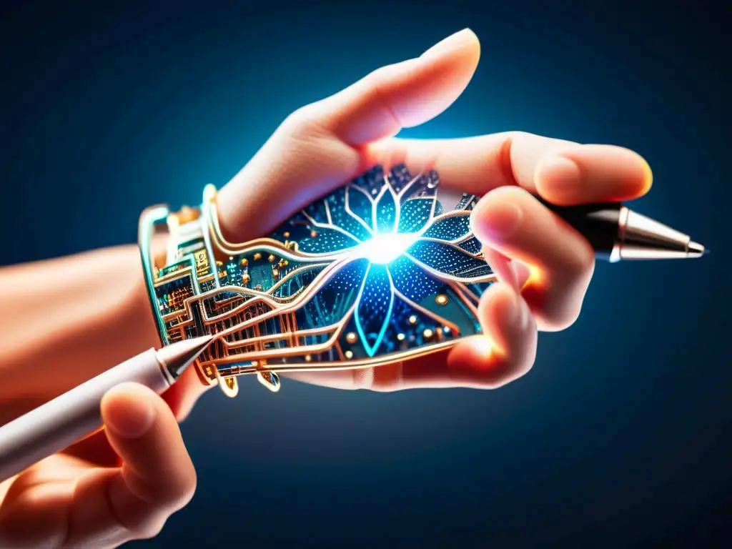 Una mano humana sostiene un bolígrafo con elementos digitales entrelazados en sus venas y músculos, simbolizando la fusión de la creatividad humana y la inteligencia artificial en el proceso de creación