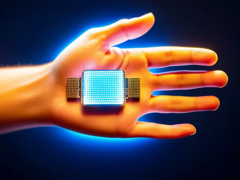 Una mano con microchips y biohacking, iluminada por luces LED, contra un fondo futurista oscuro, mostrando modificaciones corporales avanzadas