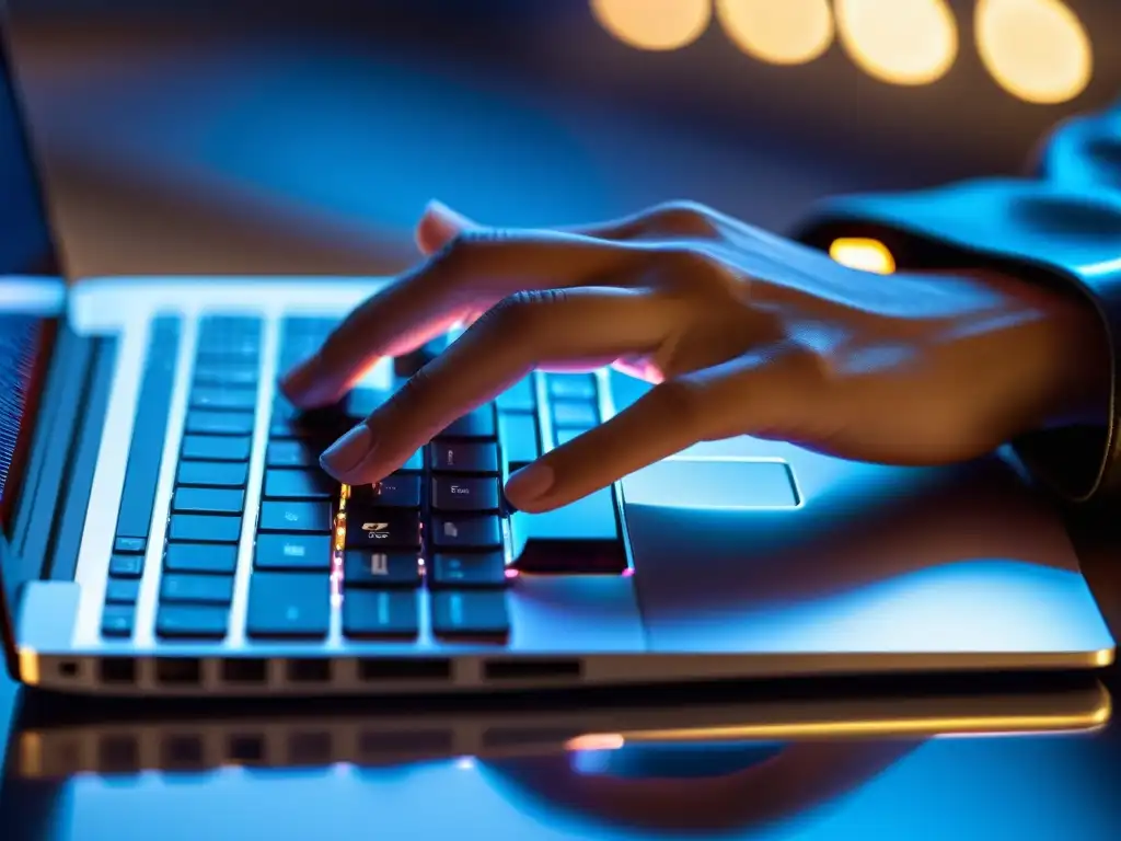 Una mano tecleando en un moderno portátil, con luces de fondo y reflejos, capturando la esencia de la rutina diaria de ciberhigiene salud digital