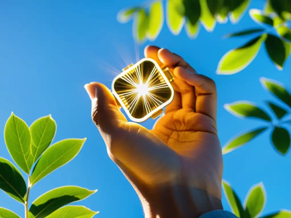 Mano sostiene nanogenerador frente a hojas verdes y cielo azul, potencial nanogeneradores energía limpia