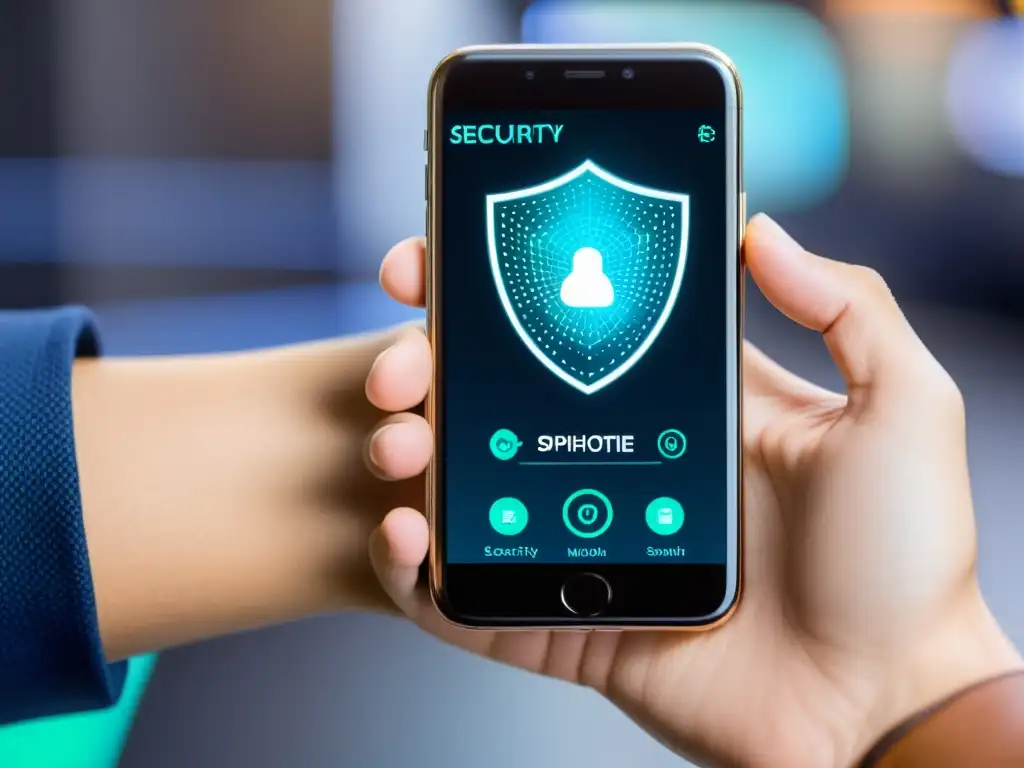 Una mano sostiene un smartphone con una interfaz de seguridad móvil futurista