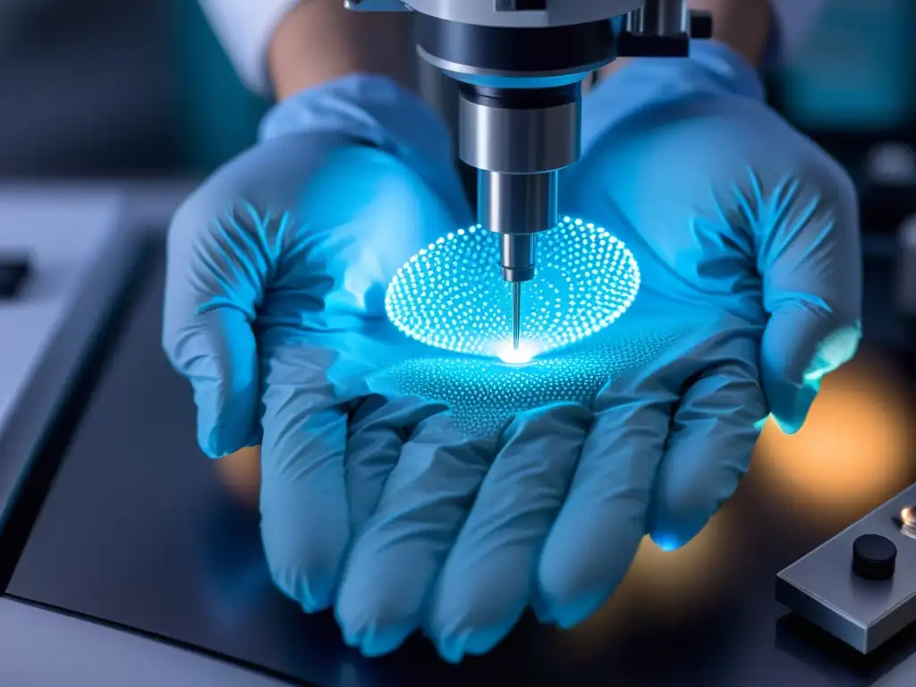 Manos con guantes azules manipulan herramienta de edición genómica en laboratorio futurista