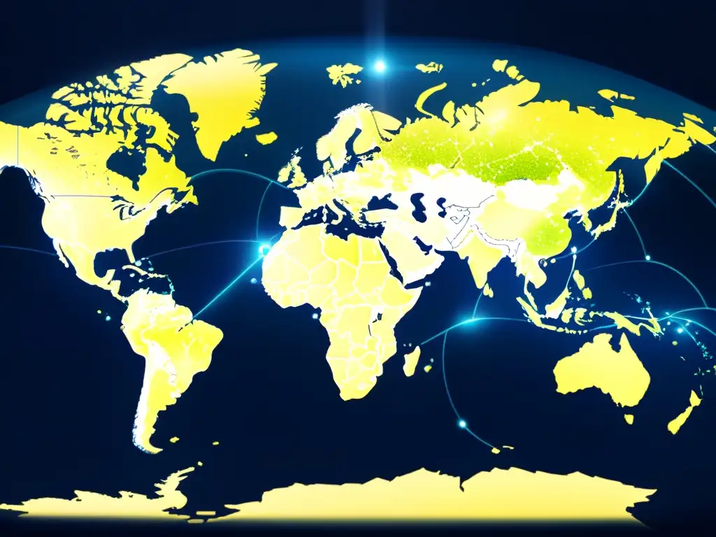 Mapa global con áreas destacadas de ciberataques y ciberseguridad en la geopolítica actual, con patrones de red digital superpuestos