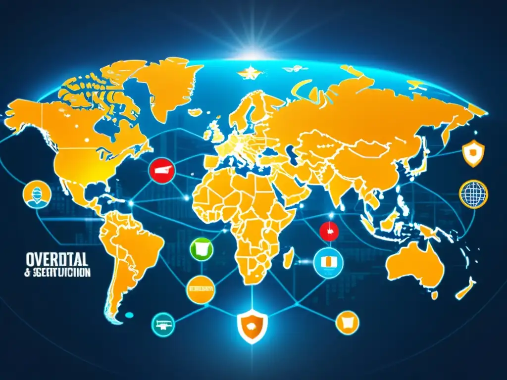 Mapa del mundo con iconos de ciberseguridad superpuestos en edificios gubernamentales y monumentos, representando la ciberseguridad en la geopolítica actual