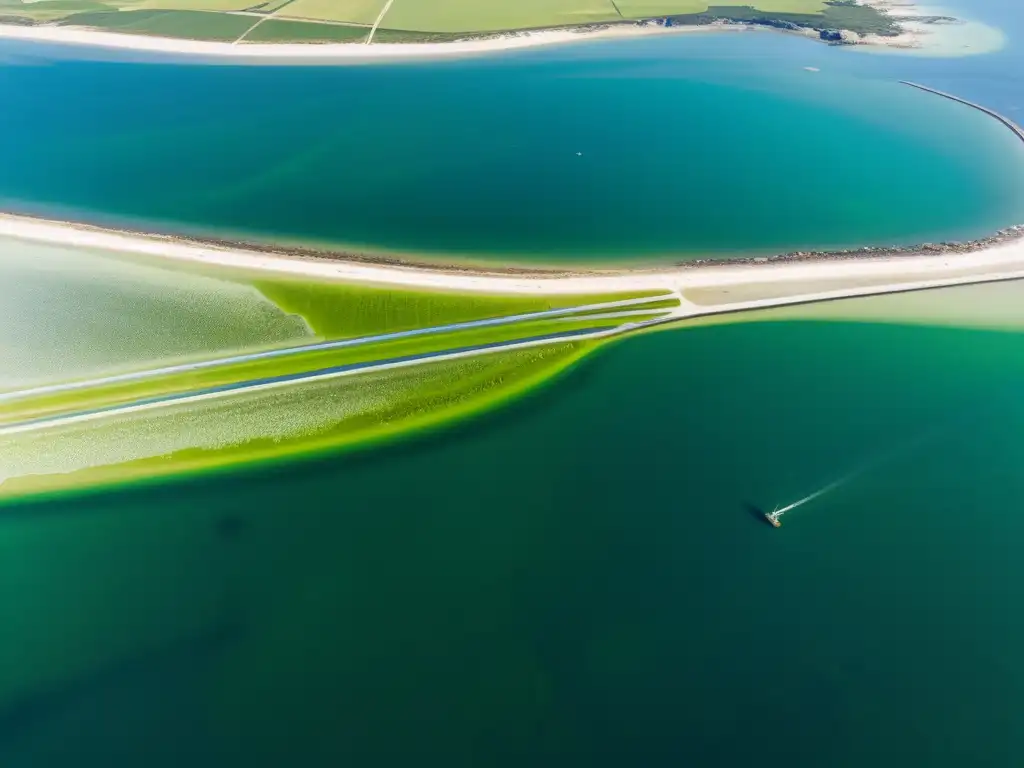 Un mar de algas verdes en tubos brillantes, reflejando la luz solar, con energía renovable al fondo