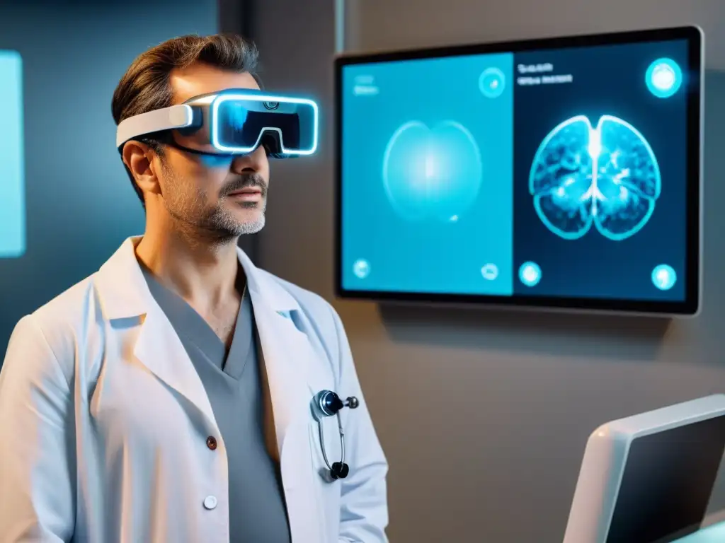 Un médico realiza una consulta remota con gafas de realidad aumentada y un holograma, destacando los desafíos del 5G en telemedicina