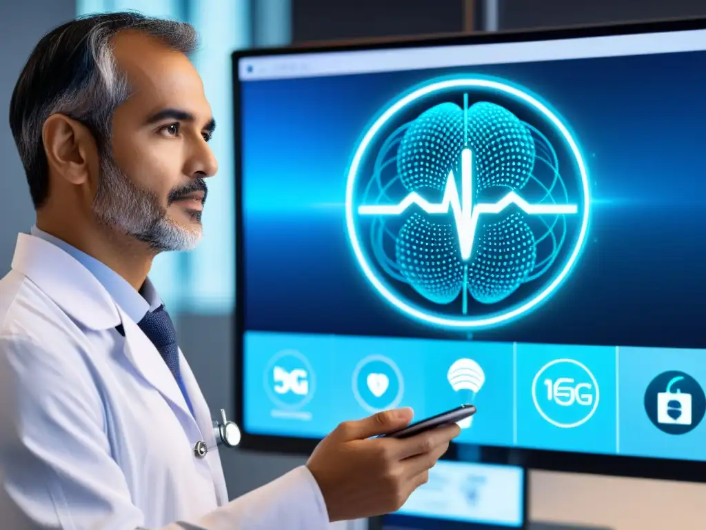 Un médico en consulta de telemedicina, con tecnología 5G futurista