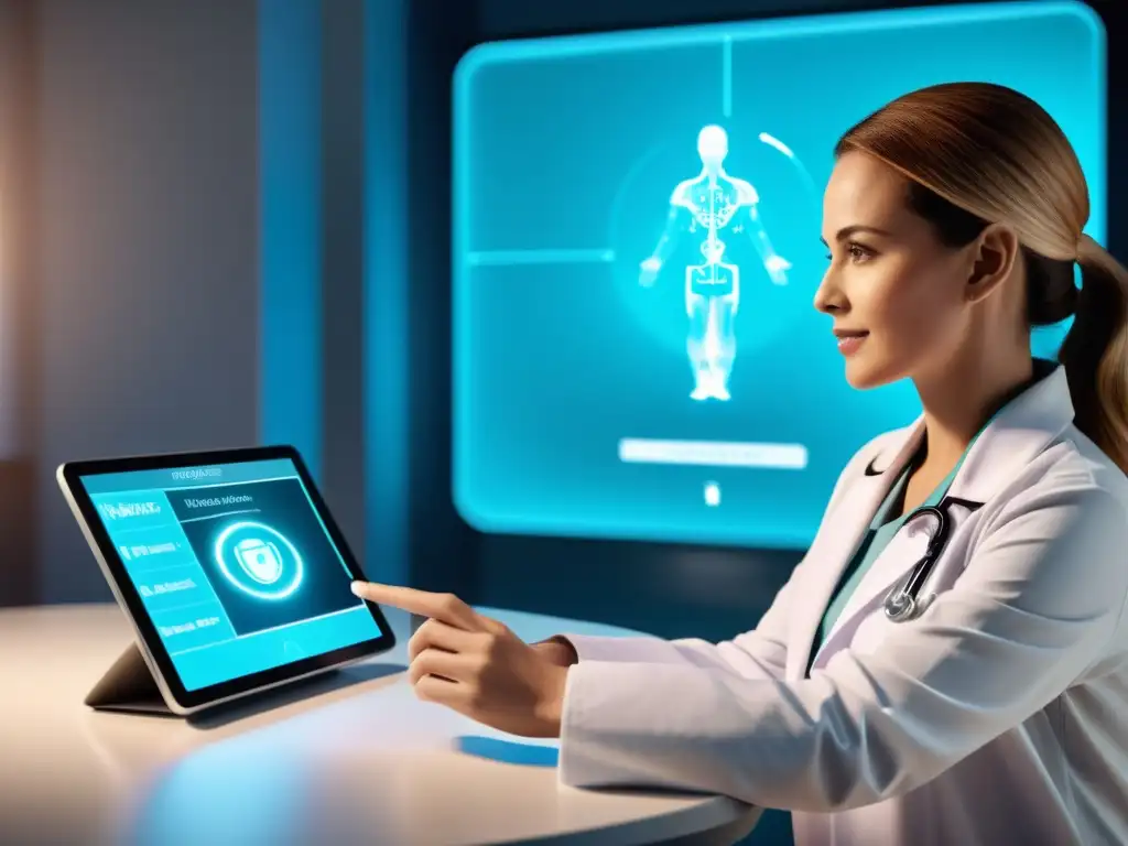 Un médico virtual interactúa con un paciente a través de una interfaz futurista, mostrando diagnósticos médicos con IA