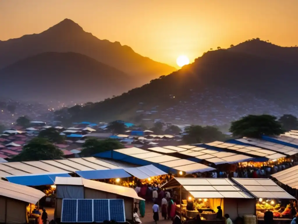 Mercado bullicioso en un país en desarrollo, con paneles solares que proyectan una cálida luz dorada sobre el escenario