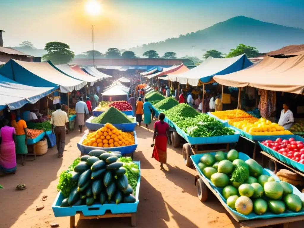 Mercado vibrante en país en desarrollo con impacto económico y energía solar