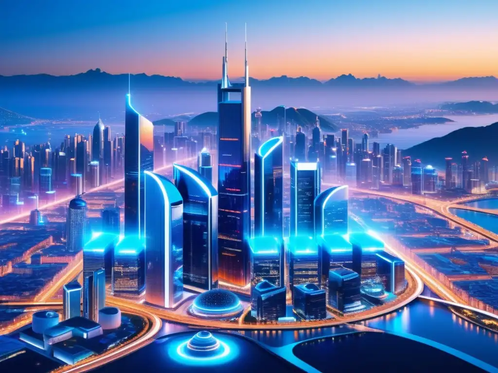 Una metrópolis futurista integrando torres de red 5G, reflejando una sociedad avanzada