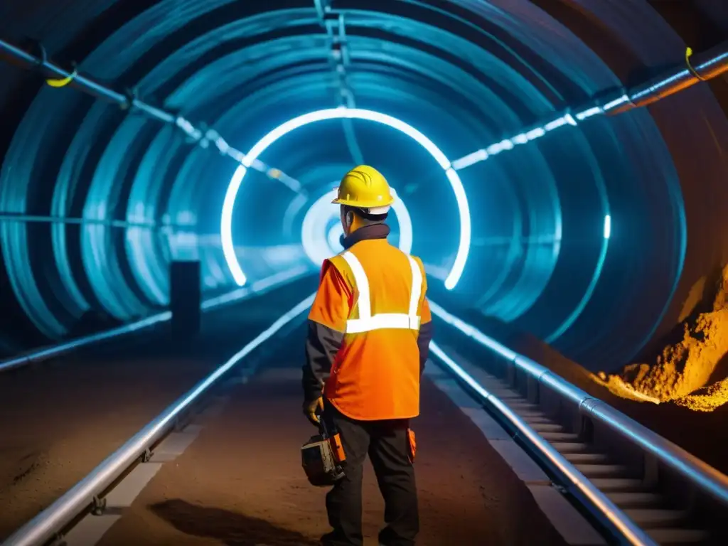 Mineros equipados con IoT trabajan en túnel subterráneo iluminado