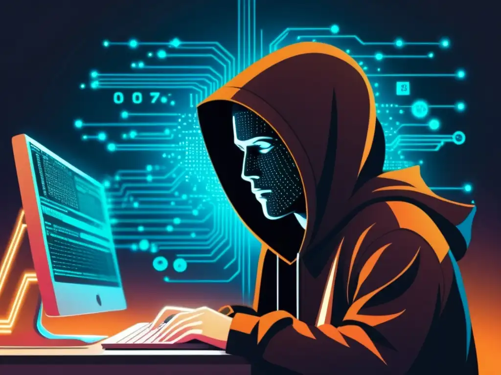 Un misterioso hacker en la oscuridad frente a su computadora, rodeado de líneas de código y símbolos de seguridad digital