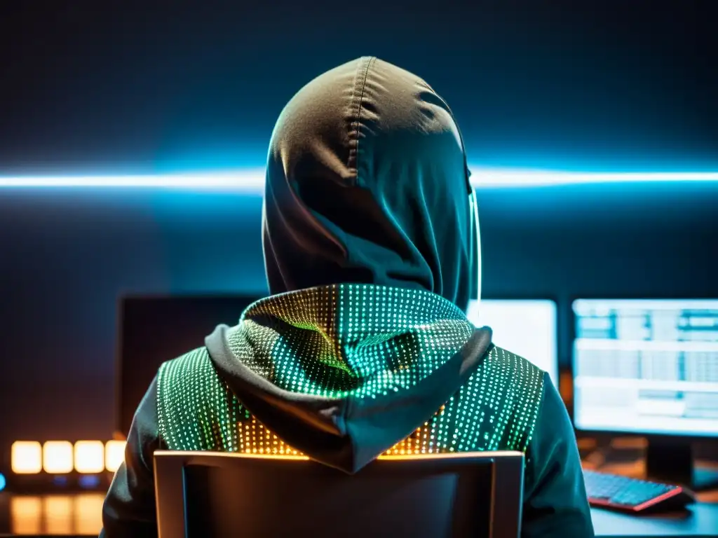 Un misterioso hacker con sudadera capucha frente a pantallas de código y alertas de seguridad