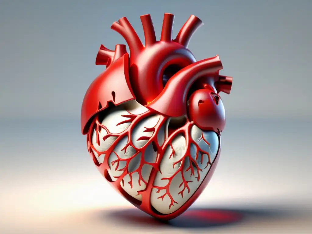 Modelo anatómico detallado del corazón humano en impresión 3D, con texturas realistas