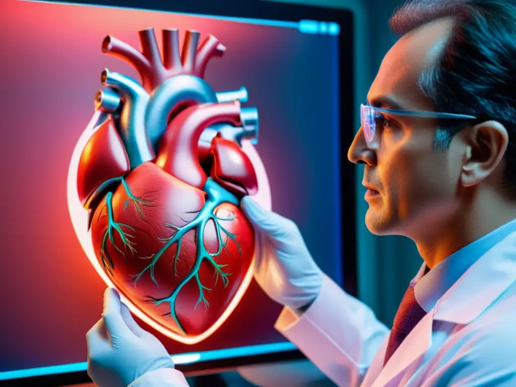 Un cardiólogo examina detenidamente un modelo 3D de un corazón humano latiendo en una interfaz holográfica futurista