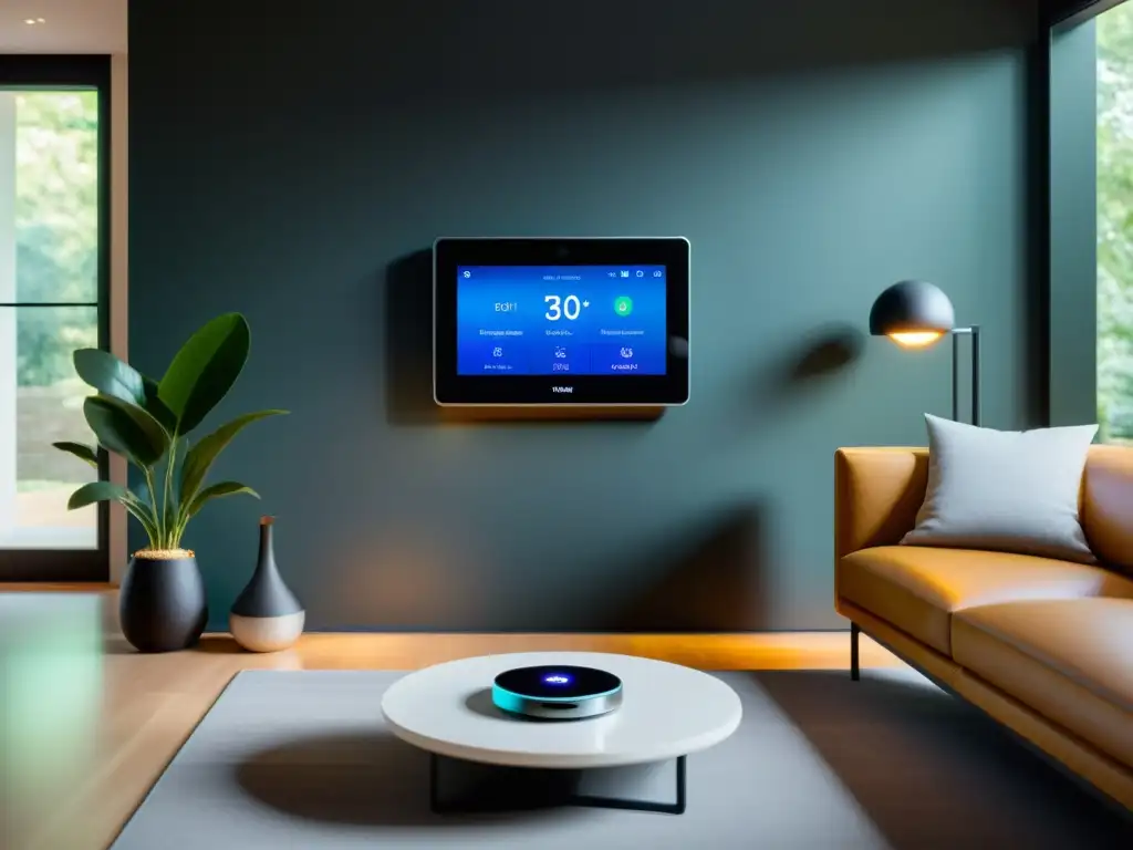 Una moderna asistencia domiciliaria con IoT integrada en un hogar, con dispositivos de tecnología inteligente en un espacio minimalista y acogedor