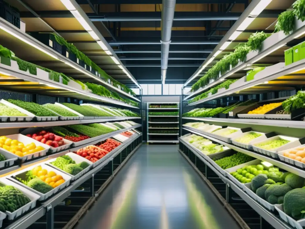 Una moderna bodega refrigerada llena de productos frescos, con sensores y dispositivos IoT visibles