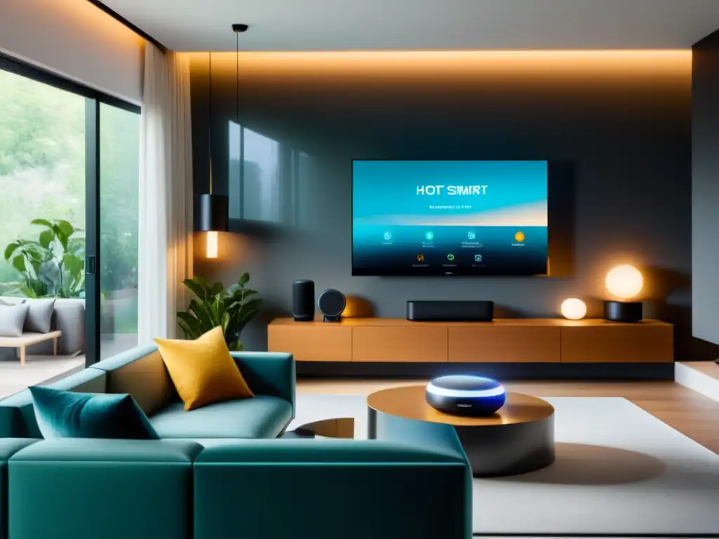 Decoración moderna con dispositivos IoT integrados, luces inteligentes y altavoces activados por voz