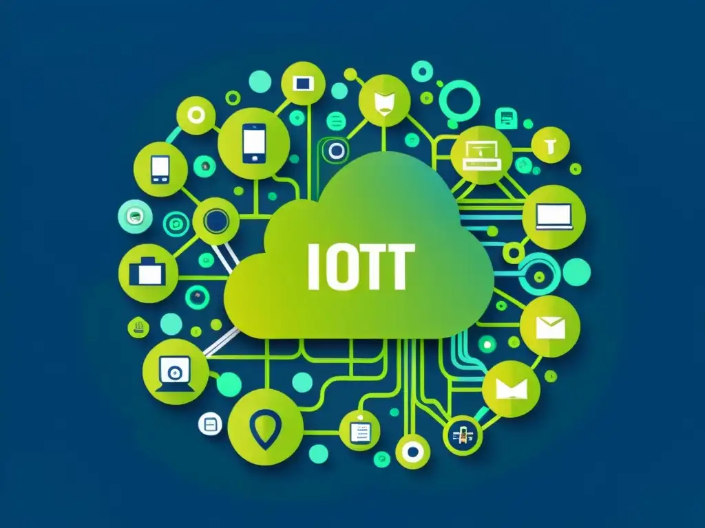 Una ilustración moderna de dispositivos IoT interconectados, con líneas intrincadas y patrones que representan el flujo de datos y algoritmos de encriptación